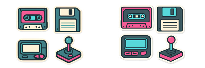 Nostalgic collection of retro technology icons showing cassette tapes and floppy disks in vibrant colors