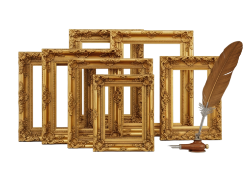 Five ornate golden rococo picture frames with intricate carvings and an antique quill pen, isolated on a transparent background with bright studio lighting, concept of luxury and artistry