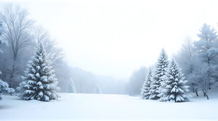 Fototapeta premium Snowy Winter Landscape with Snow-covered Pine Trees in Foggy Forest Scene