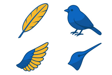 Colorful illustrations of nature elements featuring a leaf, a bird, a wing, and a beak in blue and yellow tones