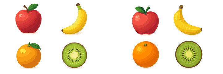 Colorful fruit assortment featuring apples, bananas, oranges, and kiwis arranged in a vibrant display