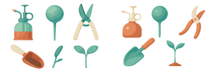 Collection of gardening tools and equipment in vibrant colors for plant care and maintenance tasks