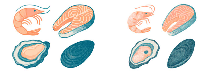 Colorful illustration of various seafood including shrimp, salmon, oysters, and clams on a white background