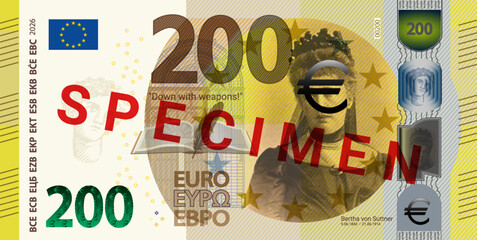Vector fictional banknote in style of European Union. Note of 200 euros, Bertha von Suttner. Authoress. Money of Europe. Two hundred euro. Obverse of bill. 3d book. New project 2026