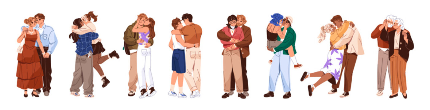 Set of diverse hugging couples. Homosexual and heterosexual lovers cuddle, kiss. Happy young and elderly people embrace, love in romantic relationships. Flat isolated vector illustrations on white.