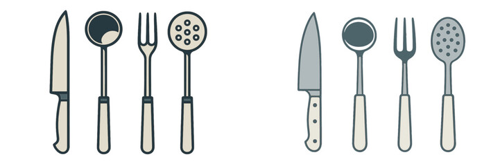 Variety of kitchen utensils for cooking and food preparation displayed on a clean surface