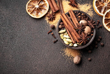 Christmas spices. Seasonal winter spices for mulled wine.