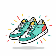 A pair of trendy and colorful retro-style sneakers with dynamic radiating lines on a white background.
