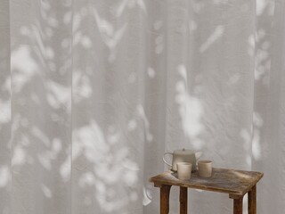 Minimal Tea Set on Wooden chair with Natural Light and Shadow on White Fabric Curtain Background 2