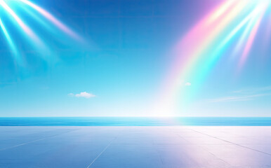Bright sky rainbow over ocean horizon and tiled ground clouds