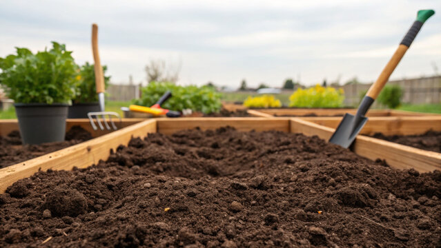 Peaceful garden bed ready for planting with proper soil management. Growing your own vegetables helps with food waste reduction. shovel and rake await satisfying work