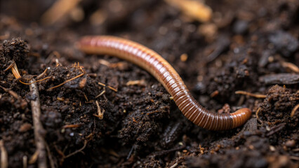 Close up of brown millipede on compost. An essential invertebrate for soil health and waste management this creature turns decaying food and plant matter into rich nutrients