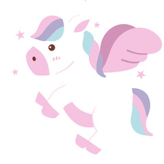 A pink horse with a blue and purple mane and tail