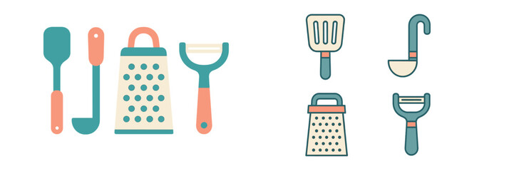 Collection of kitchen utensils including graters, spatulas, and peelers in various colors on a clean surface