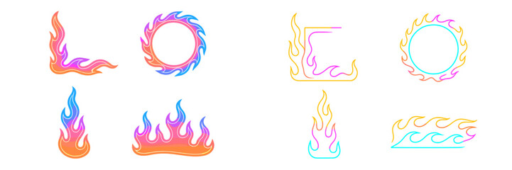 Colorful flame designs in various shapes and styles for creative projects and branding