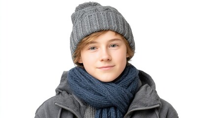 Cozy winter portrait, young boy in knit hat and scarf embraces the cold boy