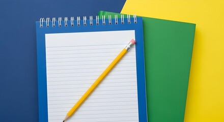 A blue spiral notebook with blank lined pages and a yellow pencil rests on a green book, against a blue and yellow background.