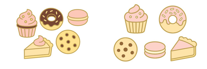 Delicious variety of desserts including cupcakes, donuts, and macarons on a simple background