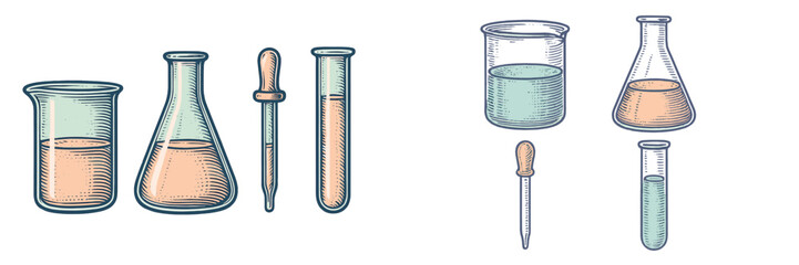 Science equipment for laboratory experiments with beakers and pipettes on a clean surface