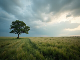 Obraz premium Lone Tree Standing in Field Under Dramatic Sky Scenery