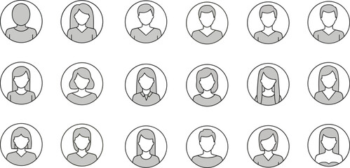 Obraz premium Flat Outline Avatar Icon Set of People Profile in Circles