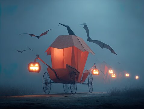 enigmatic origami pumpkin carriage: a surreal poster for eerie interiors featuring paper bats and glowing jack-o-lanterns – perfect for spooky seasonal decor!