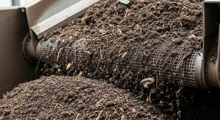 Sustainable food waste management showing compost recycling process. Organic soil and rich fertilizer production on conveyor belt machine for eco friendly agriculture