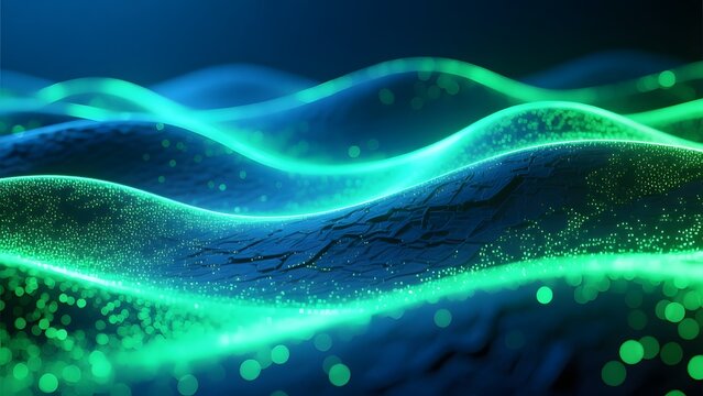 Wavy green lights and particles float over dark rocky surface