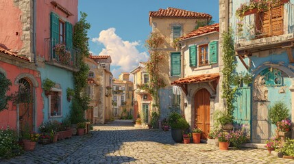 Fototapeta premium Colorful Mediterranean street with traditional stone houses, shutters, cobblestone road, flowers in pots, peaceful village scene, travel photography, warm summer day, rustic charm