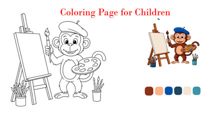Cute monkey character holding a paint palette and brush, standing beside an easel, surrounded by art supplies, creating a playful and engaging coloring page for children