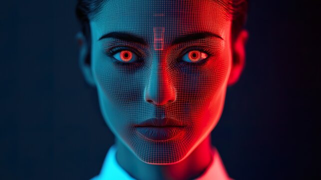 Digital avatar concierge screen texture, pixel detail, glowing eyes, expressive facial lines.  
