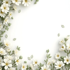Obraz premium White Flowers Border Frame with Green Leaves on Bright White Background