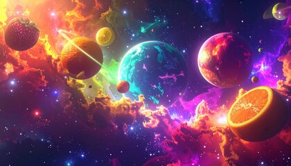 Surreal fantasy artwork of strawberries and oranges transformed into glowing planets drifting in a colorful outer space nebula