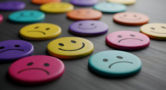Colorful smiley and sad face buttons on dark wood background representing diverse moods and emotions customer feedback satisfaction survey results