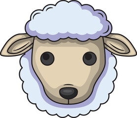 Cartoon sheep face with fluffy wool and large black eyes