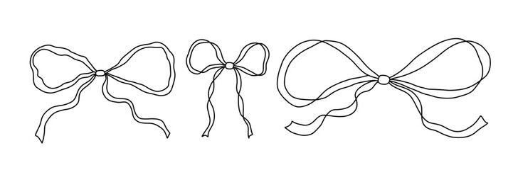 Ribbon bow set in black and white. Coquette doodle hand drawn art. Perfect for Christmas decorations, holiday cards, festive wrapping, Wedding design, and Birthday invitations. Vector illustration