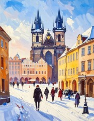 Snowy city square scene with a church