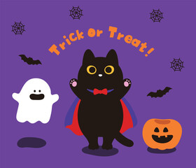 A witty Halloween illustration featuring a cute black cat dressed as a vampire, a friendly ghost, and a jack-o'-lantern. Decorated with bats and spiderwebs, it features the phrase 