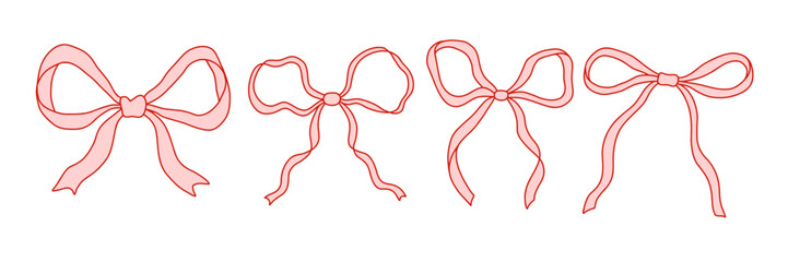 Set of hand drawn ribbon bows in coquette style. Cute feminine decorative elements for digital design, scrapbooking, planners, invitations, packaging, and social media. Isolated on white vector art