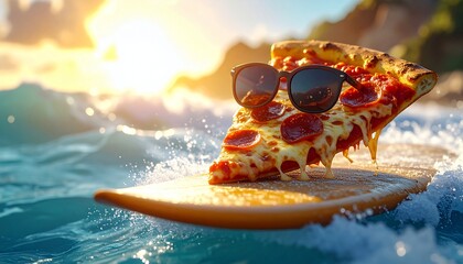 Creative concept of a pepperoni pizza slice wearing sunglasses riding a surfboard on ocean waves at sunset