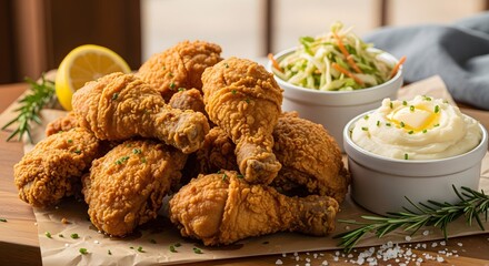 Crispy Fried Chicken with Sides, Restaurant Kitchen, Food Photography, Cozy Environment, Close-Up View, Culinary Delight