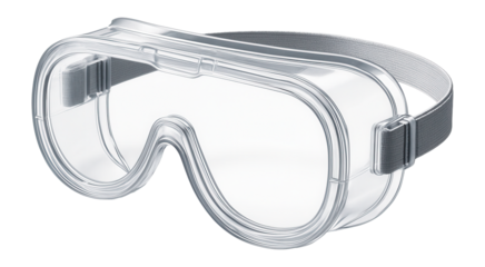 Clear lab safety goggles on a neutral background.