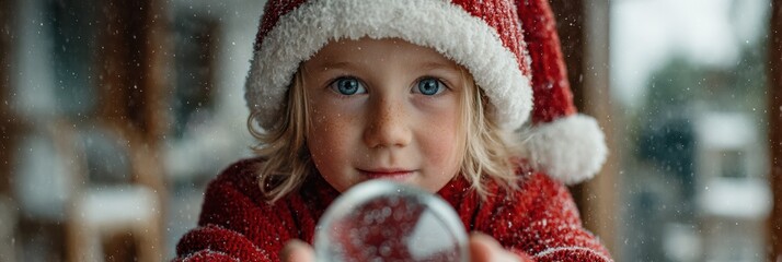 Child in Santa hat shows snow globe indoors during winter season, capturing holiday spirit and wonder of Christmas