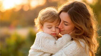 Mother holding and hugging her child in soft golden light, tenderness and love, peaceful family moment