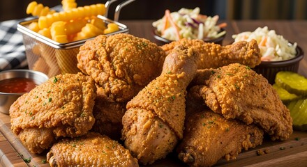 Delicious Fried Chicken Feast, Casual Dining Setting, Family Gatherings, Food Photography, Indoor Restaurant Environment, Mouthwatering Experience