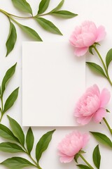 Wedding invitation mockup with vibrant pink peonies and fresh green leaves on a bright white background.