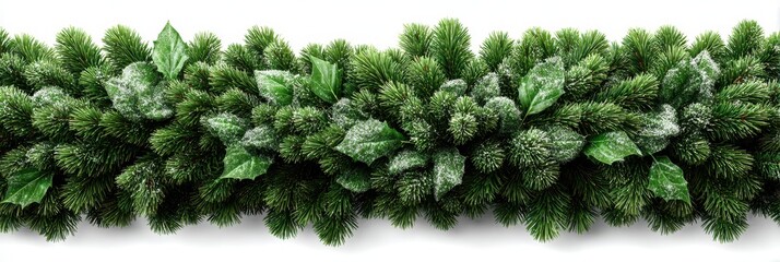 Festive green garland adorned with snow-dusted pine needles and vibrant leaves, perfect for holiday decorations at home