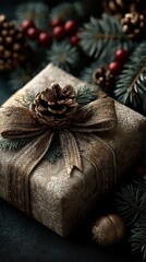 Elegant golden gift wrapped in ornate paper with festive decorations during the holiday season