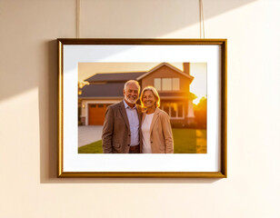A framed picture of a senior couple in front of a house, placed on an interior wall with sunlight. Decor, real estate, downsizing, and retirement lifestyles.
