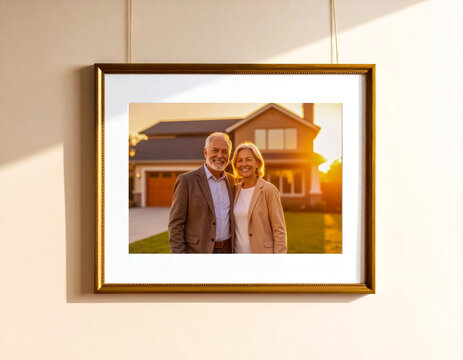 A framed picture of a senior couple in front of a house, placed on an interior wall with sunlight. Decor, real estate, downsizing, and retirement lifestyles.